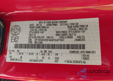 2016 Ford F-150 Xlt from USA, damaged, VIN 1FTEW1EF4GFD27161